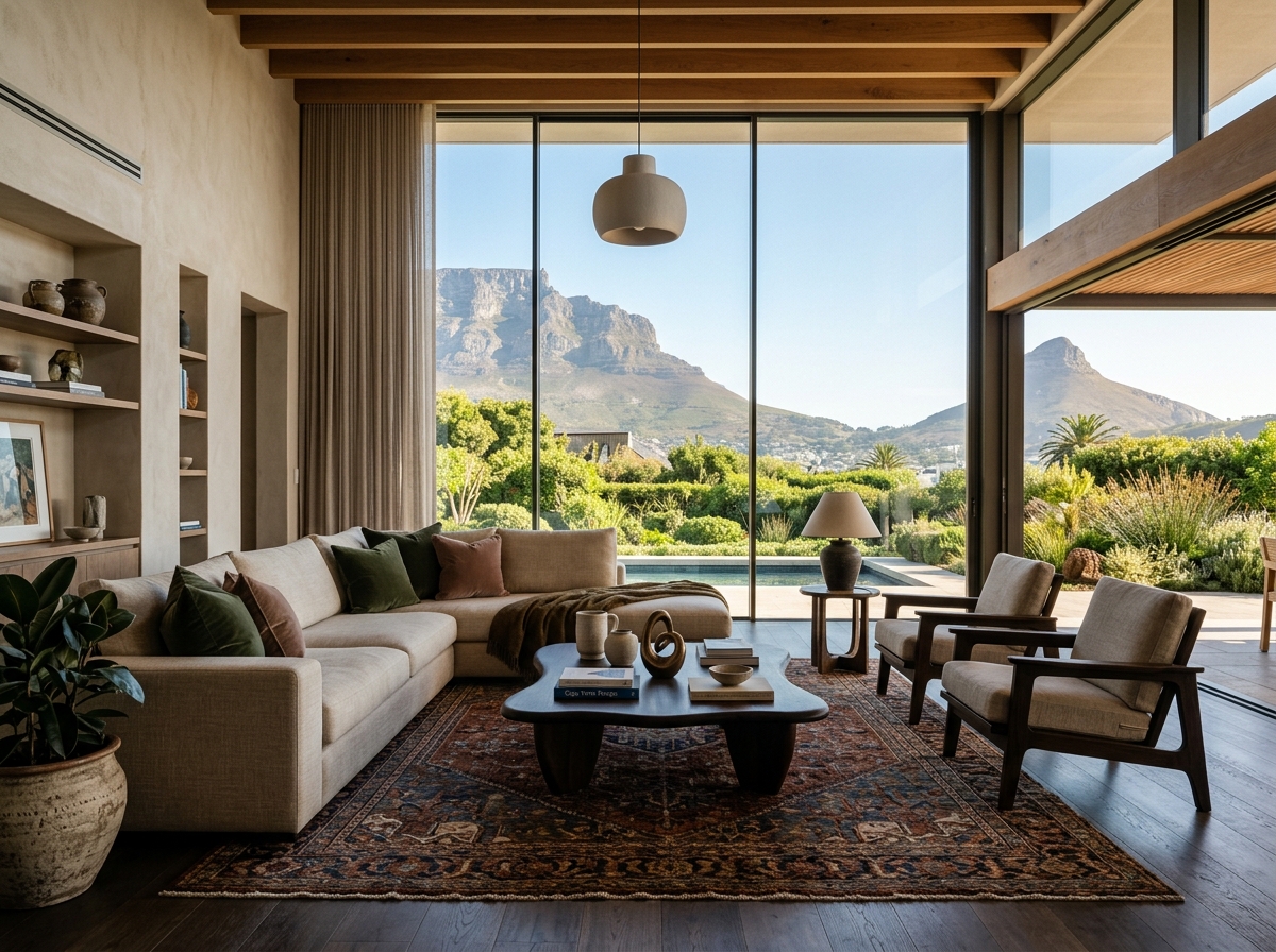 Luxurious residential living room with pristine upholstery and artisan rug in Cape Town